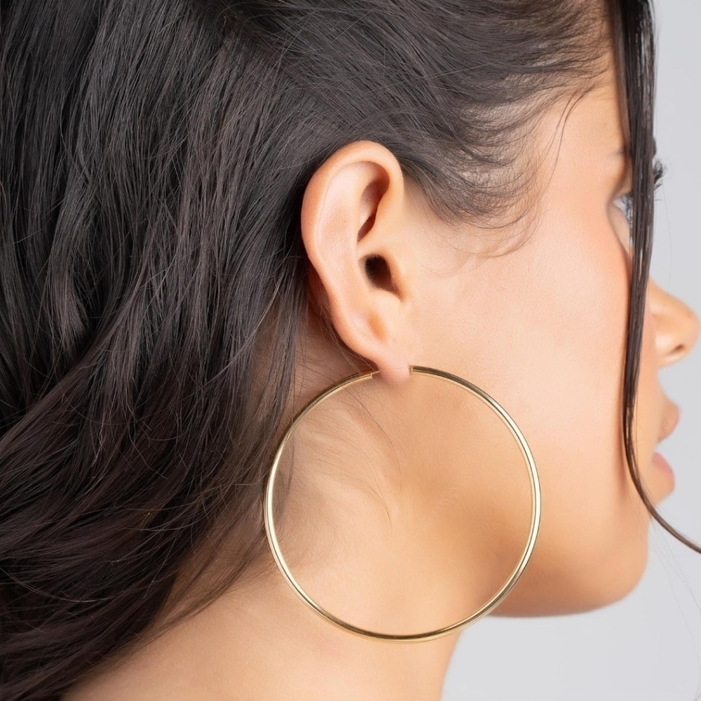 18k Yellow Gold Womens Hoop Earrings 70mm Classic Contemporary Statement Staple - Picture 1 of 3